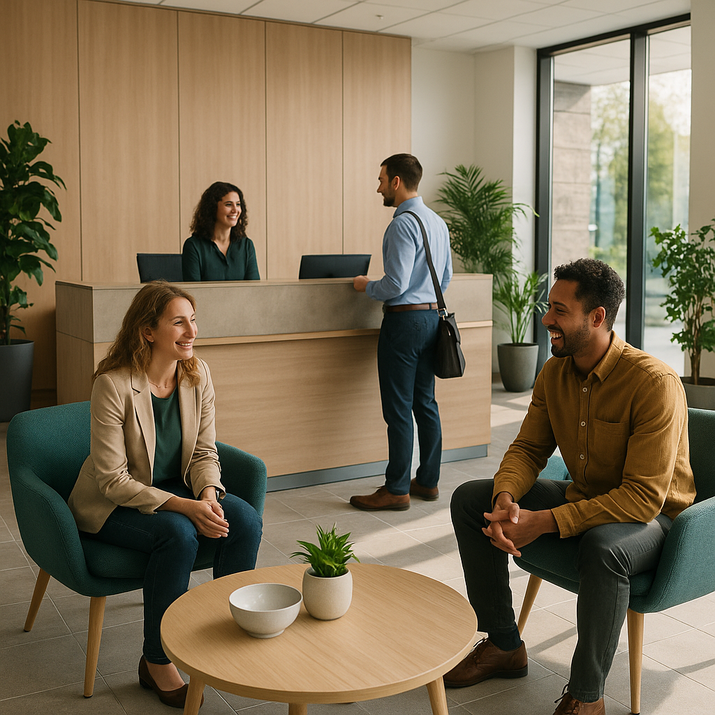Contemporary reception area demonstrating future-proof office flooring design with durable surfaces and welcoming décor.