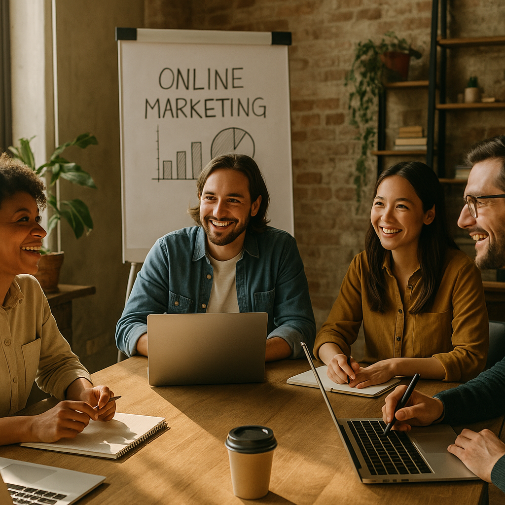 Group of entrepreneurs collaborating on a paid advertising strategy for small businesses during a workshop.