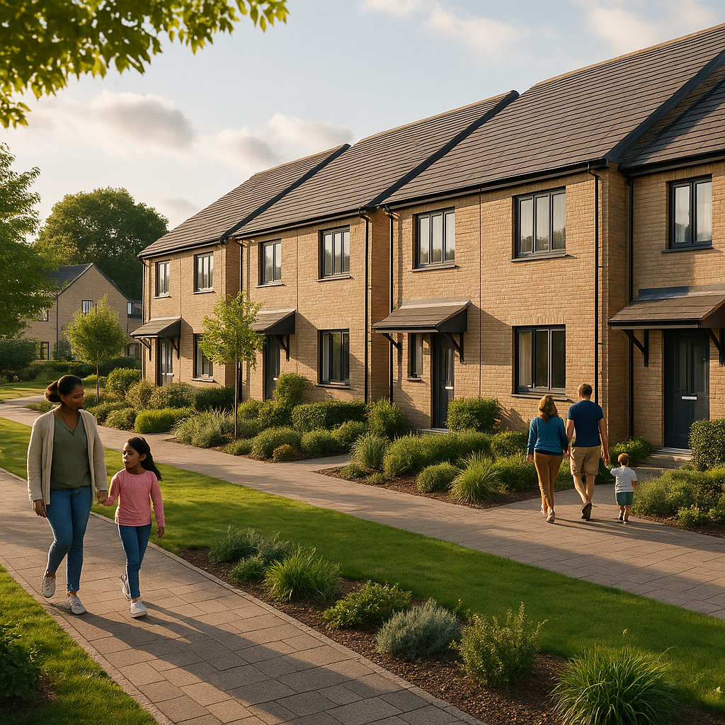 Suburban housing community and green spaces representing the spread of Build to Rent UK beyond city centres