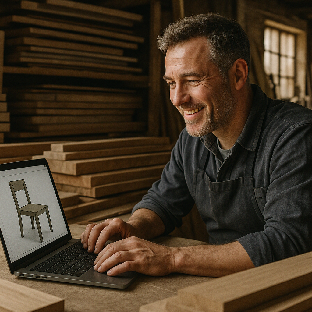 Local furniture maker checking a 3D design on screen showing the rise of digital manufacturing in local woodworking