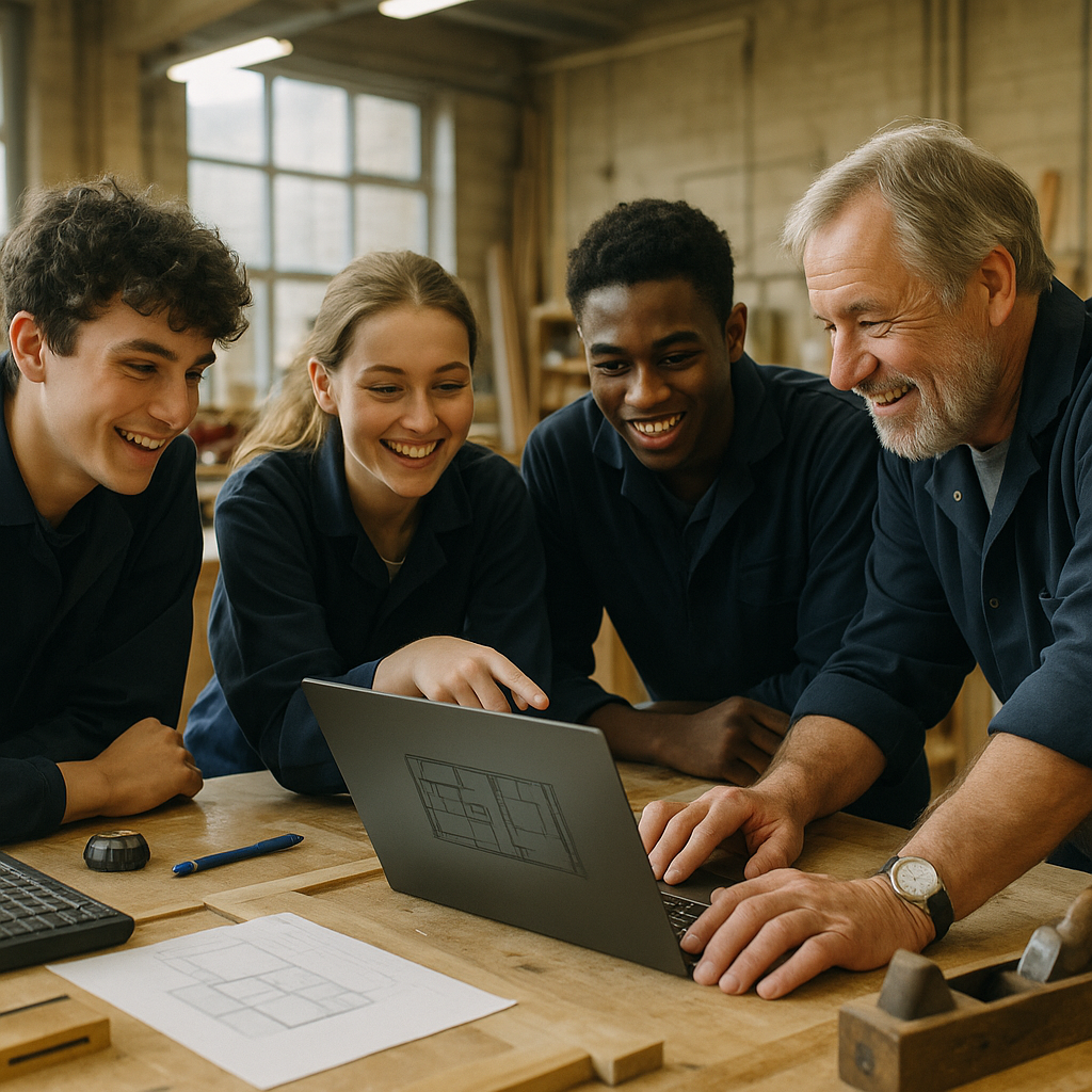 Apprentices learning both hand skills and software as part of digital manufacturing in local woodworking