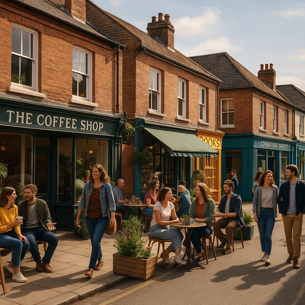 Busy regenerated parade following high street shop and bank closures with new independent businesses