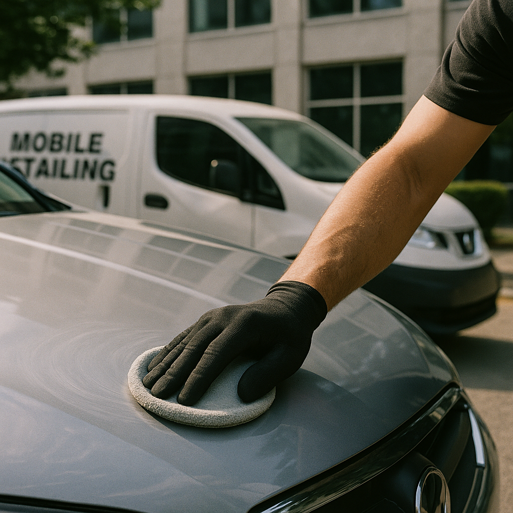 Worker polishing a car bonnet as part of mobile car detailing service