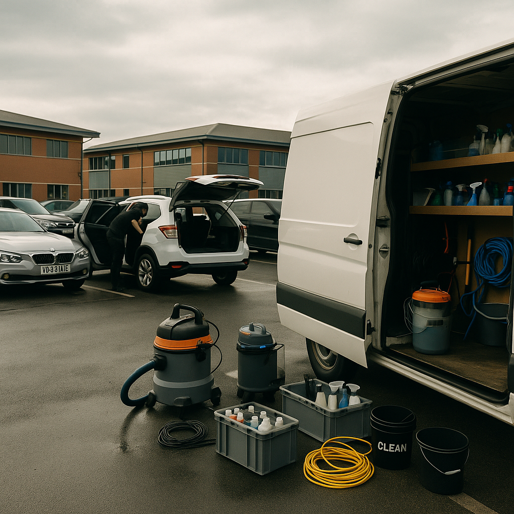 Cars being cleaned in a business park during mobile car detailing appointments