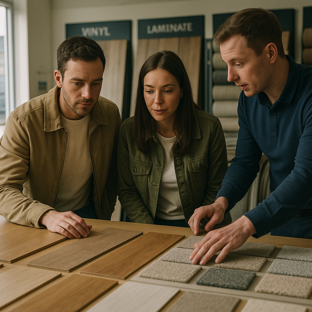Residents comparing samples in a showroom reflecting local flooring trends