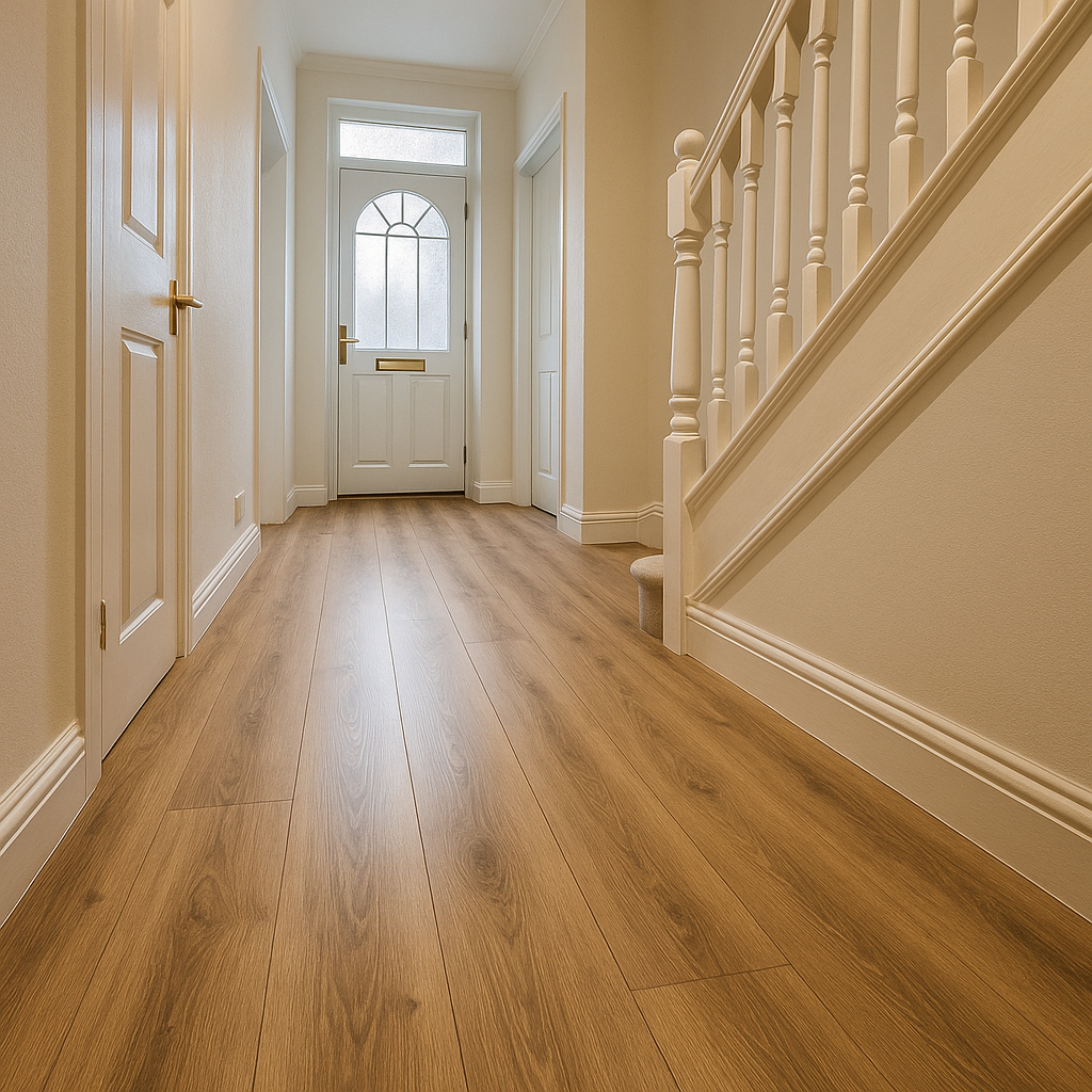 Refurbished UK hallway showcasing wood-effect floors in line with local flooring trends