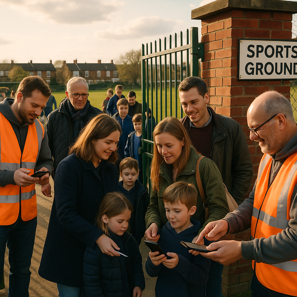 Volunteers scanning phones at a community football match using digital ticketing for local events