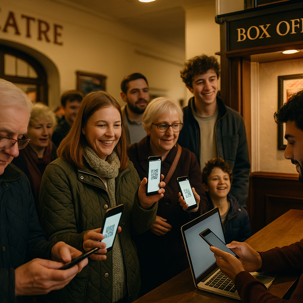 Audience members in a theatre foyer presenting digital ticketing for local events at the box office