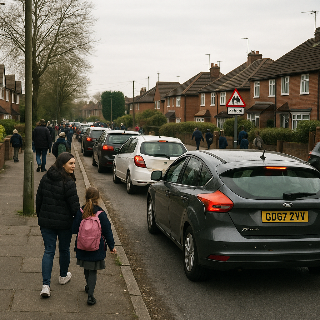 Local road with queuing traffic and parents on the school run near new housing estates