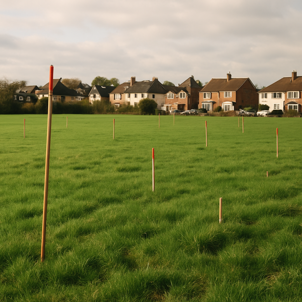 Green field on the edge of town earmarked for new housing estates next to existing homes