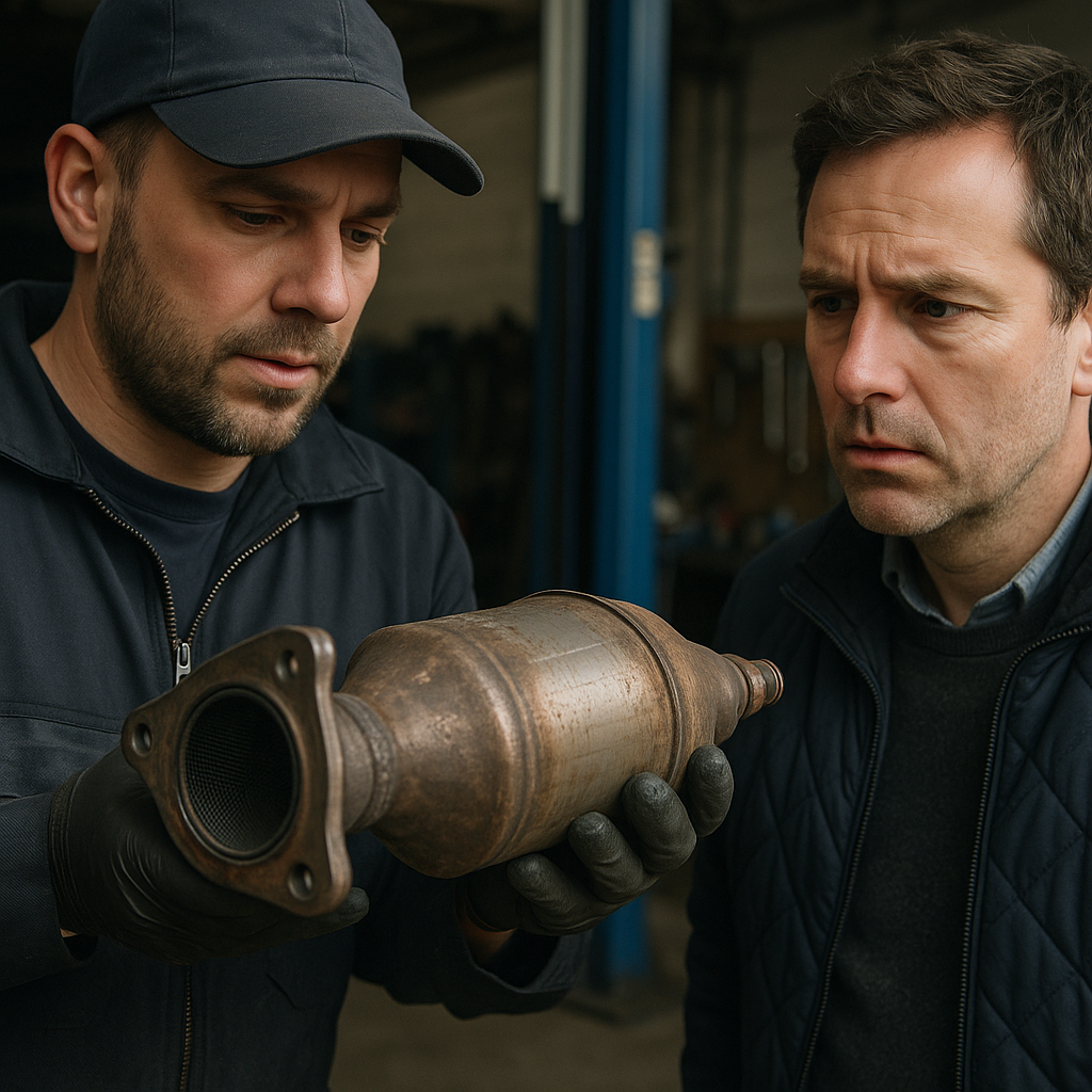 Mechanic holding a damaged exhaust part while explaining catalytic converter thefts to a driver