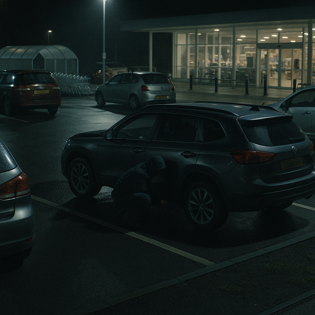 CCTV style view of suspicious activity under a parked SUV highlighting catalytic converter thefts risk