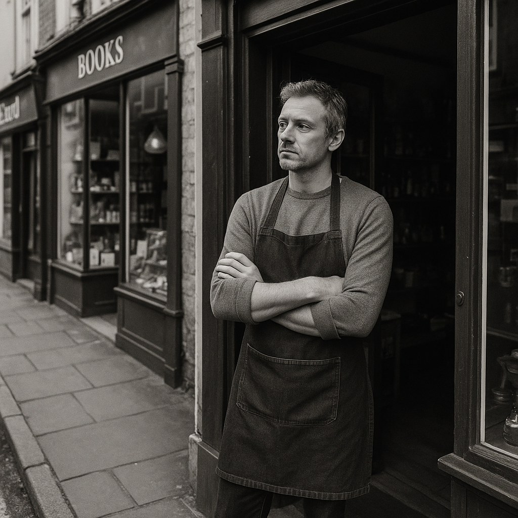 Independent trader outside their shop adapting to high street shop closures