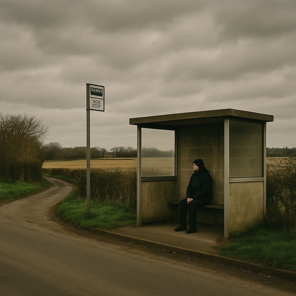 Rural passenger waiting alone at a countryside stop affected by local bus timetable changes