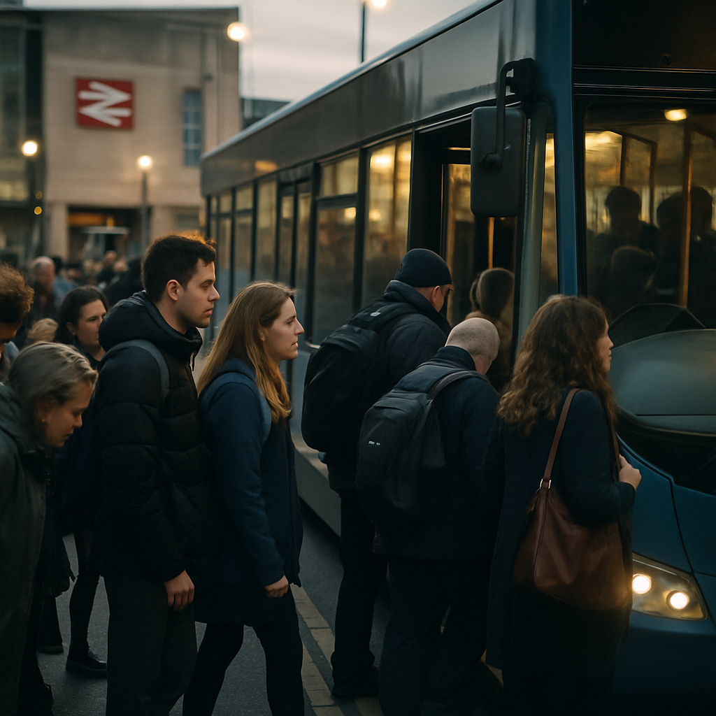 Commuters and students boarding a morning bus following local bus timetable changes