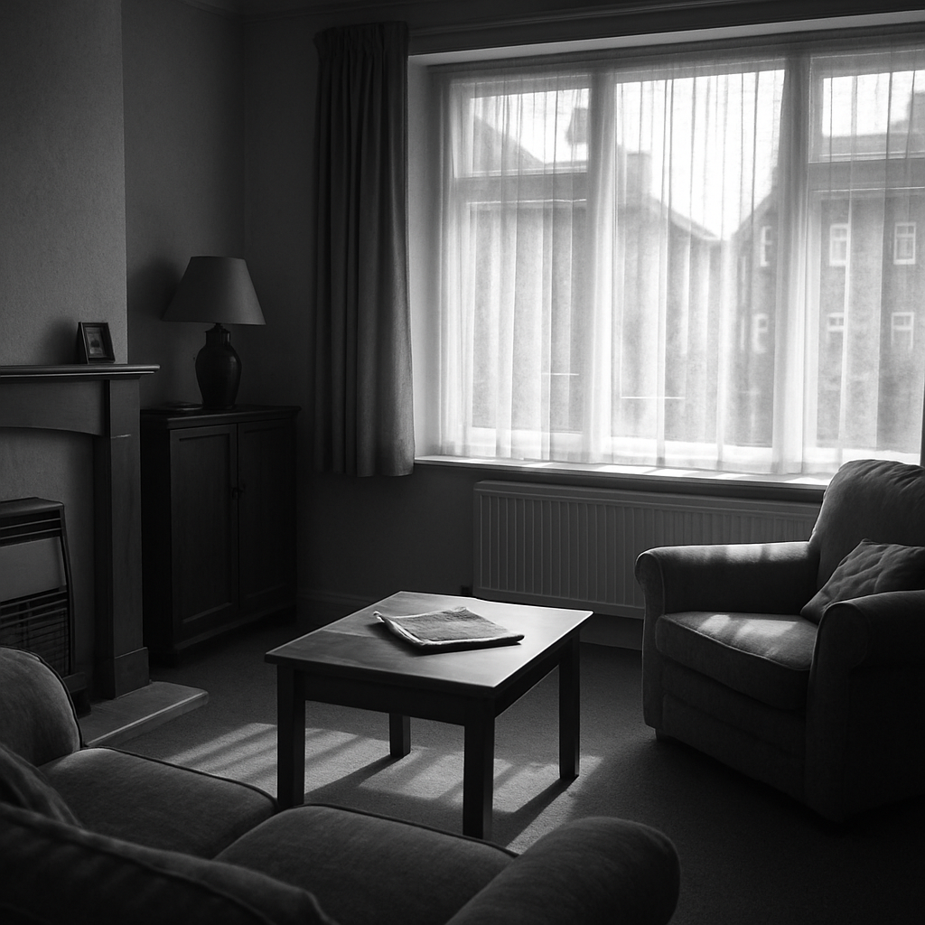 Sunlight filtering into a UK living room through net curtains on a front window