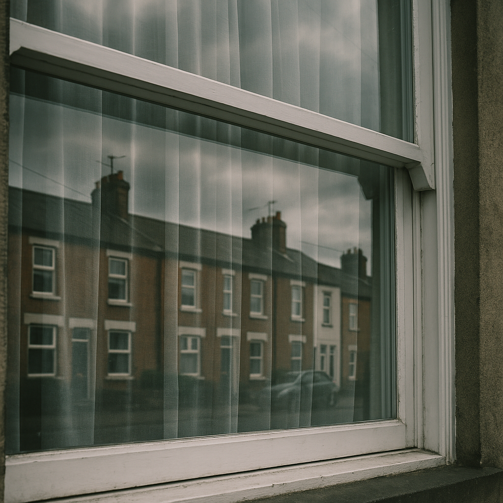 Close street view of a sash window fitted with modern net curtains in a UK neighbourhood