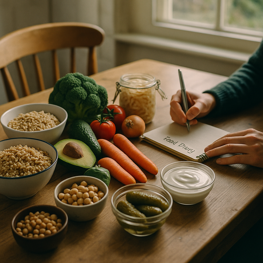 Healthy ingredients and a food diary laid out to support better gut health at home