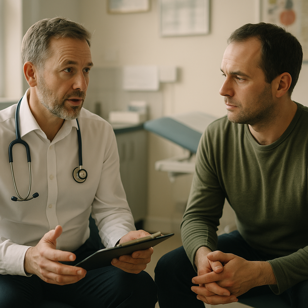 Local resident talking to a clinician about gut health in a community clinic