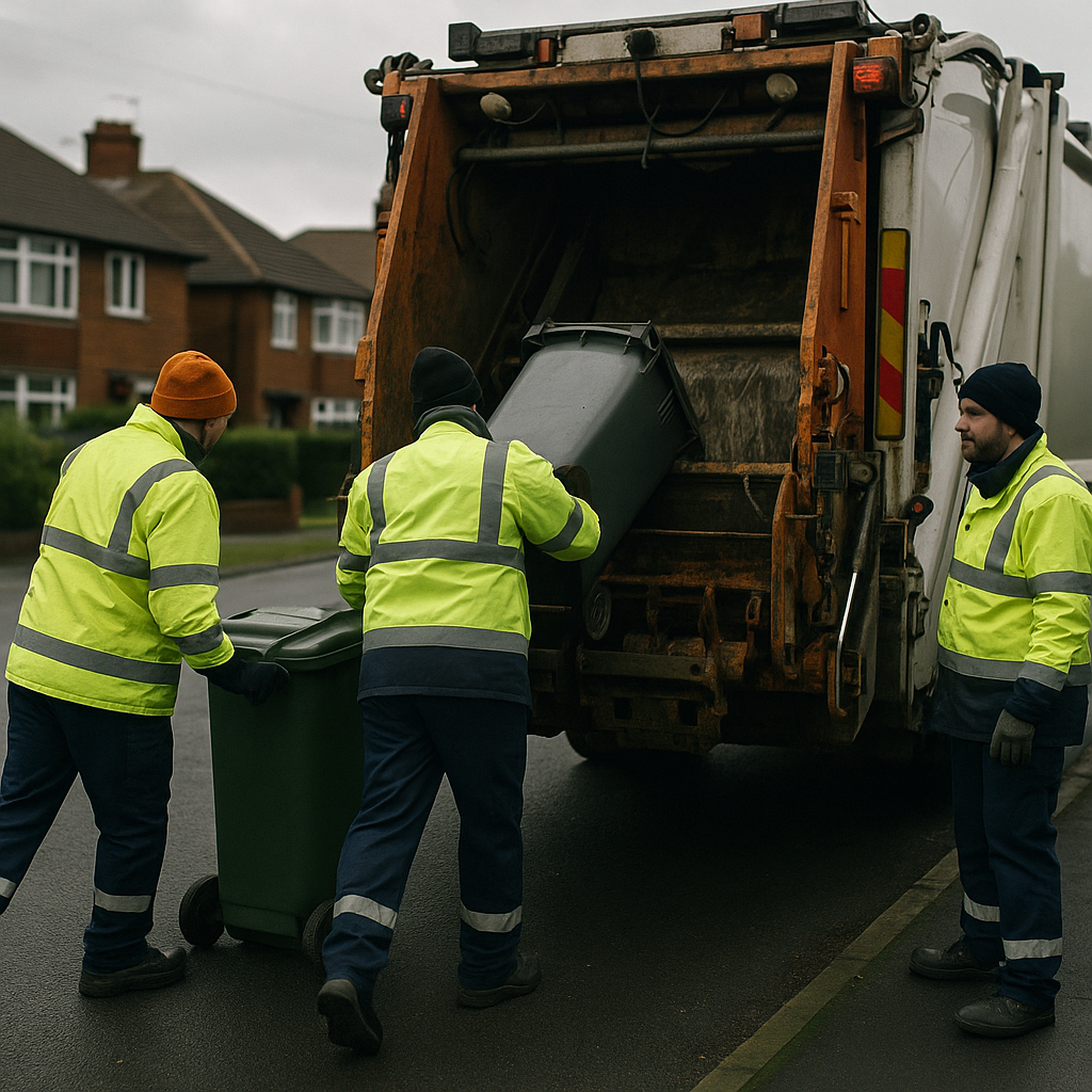 Refuse workers collecting wheelie bins during the UK wheelie bin crisis