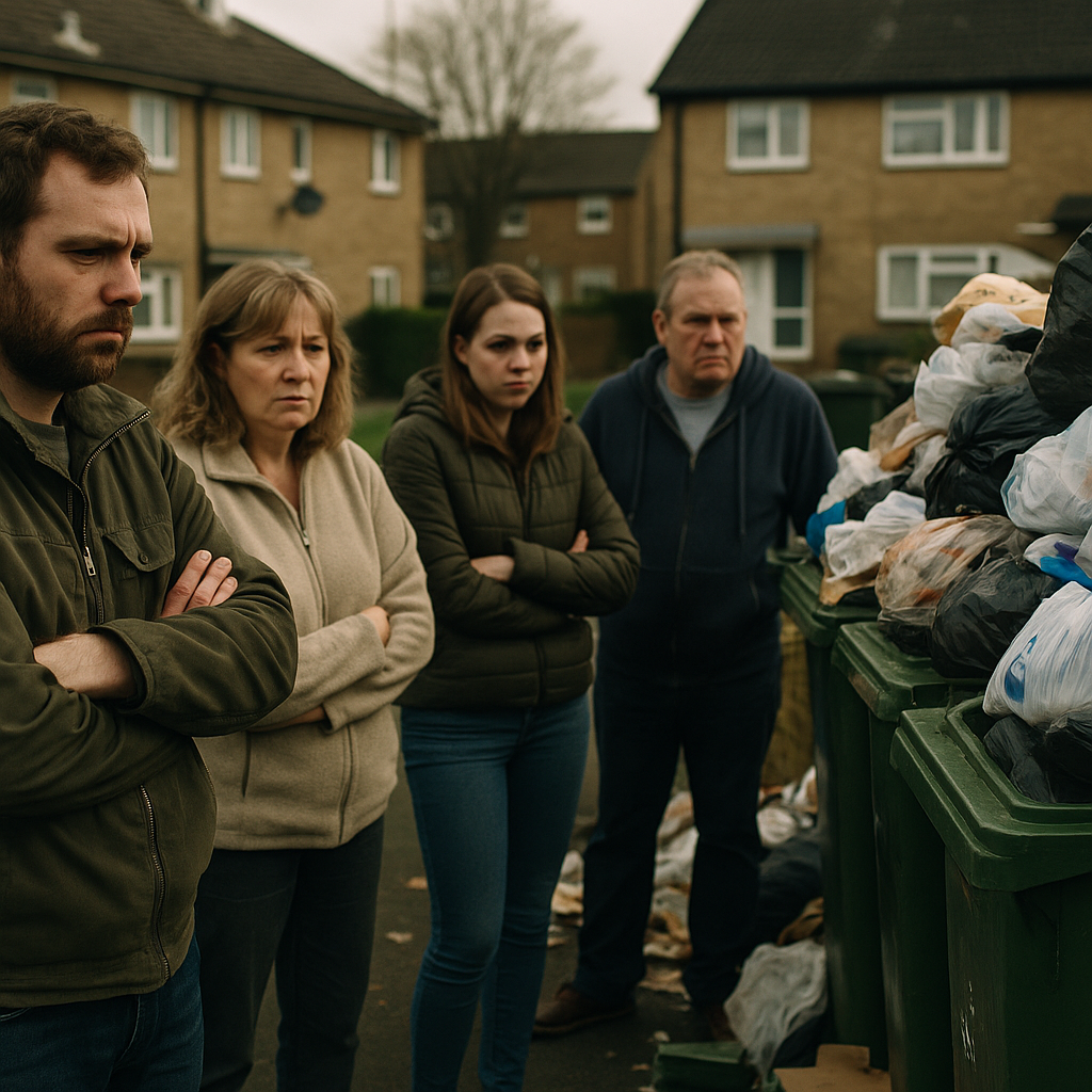 Residents gathered around overflowing communal bins amid the UK wheelie bin crisis