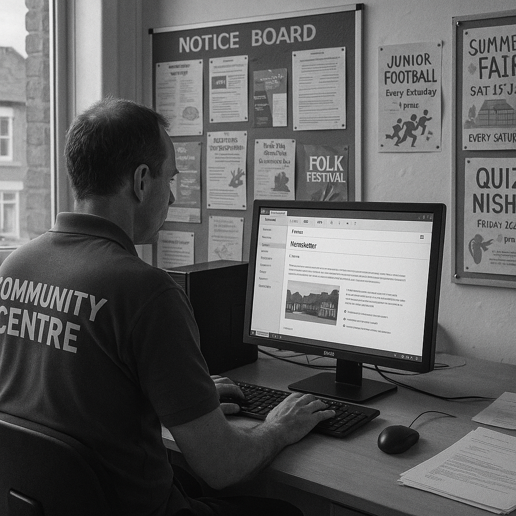 Community centre staff planning a newsletter to improve email deliverability for local businesses and groups