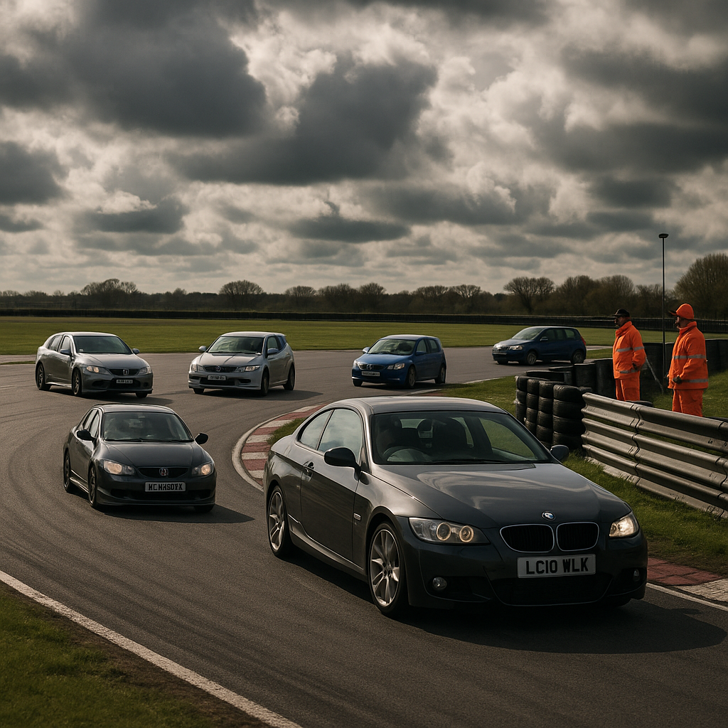 Road cars driving at speed during local track day events on a British circuit