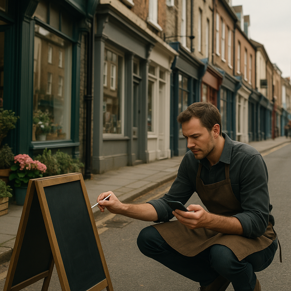 Independent high street shop owner using a smartphone to plan local digital marketing outside their store