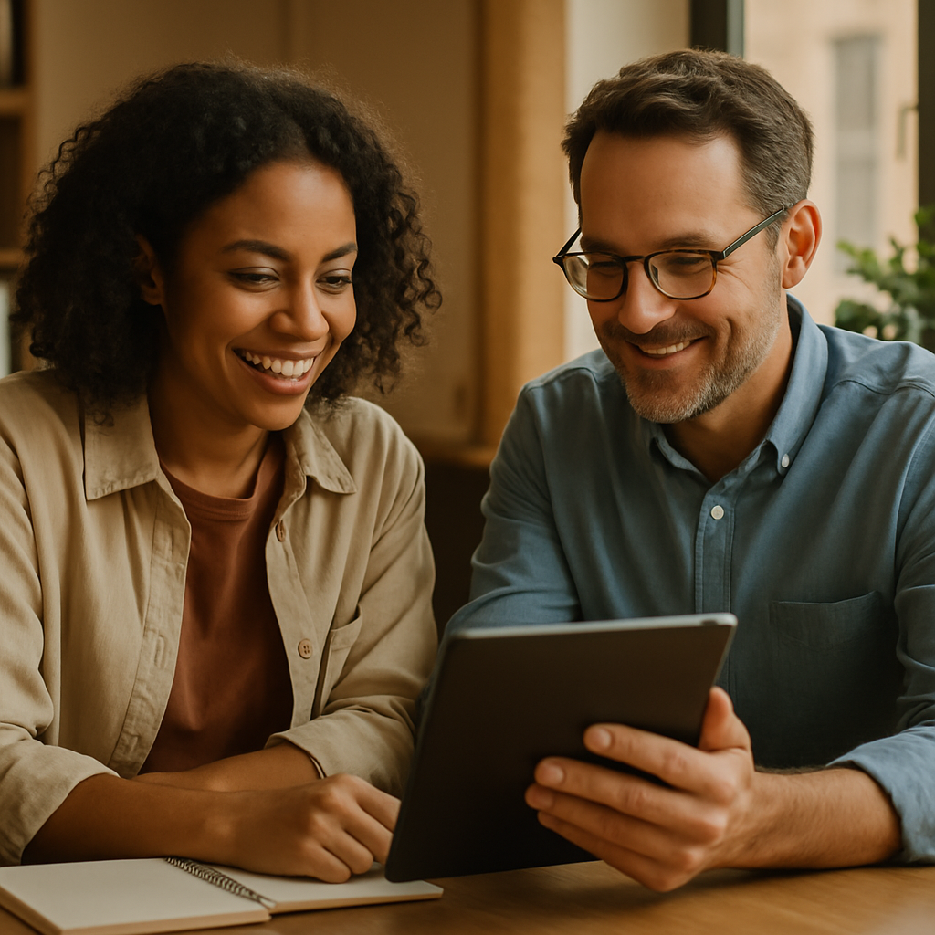 Two small business owners planning their small business digital advertising strategy together at a table