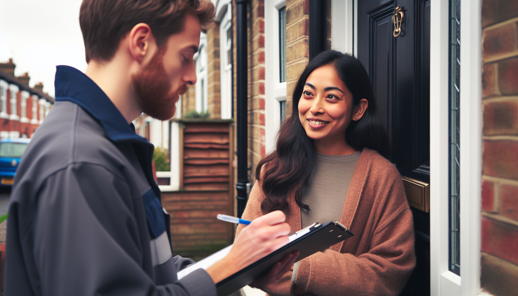 Homeowner discussing a repair job with a local service businesses tradesperson on a UK residential street