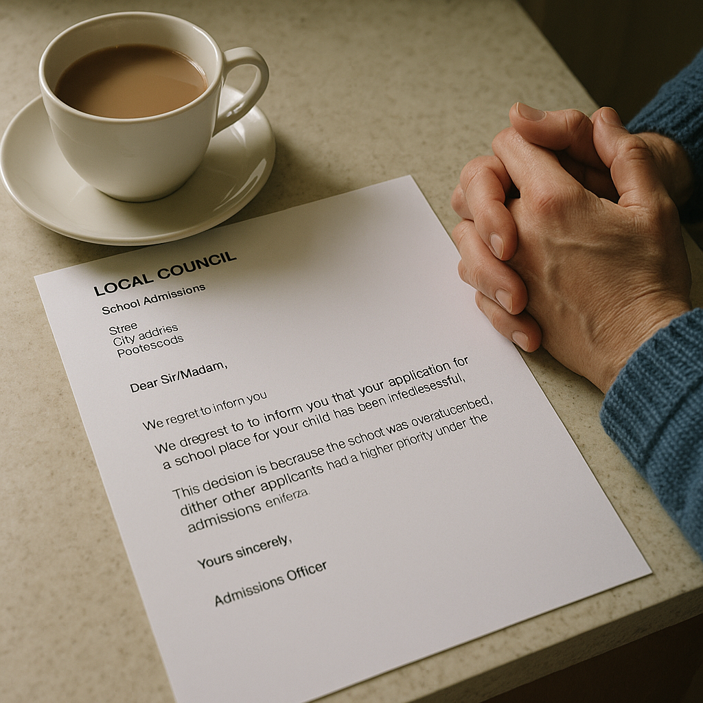 Parent reading a school admissions letter at a kitchen table