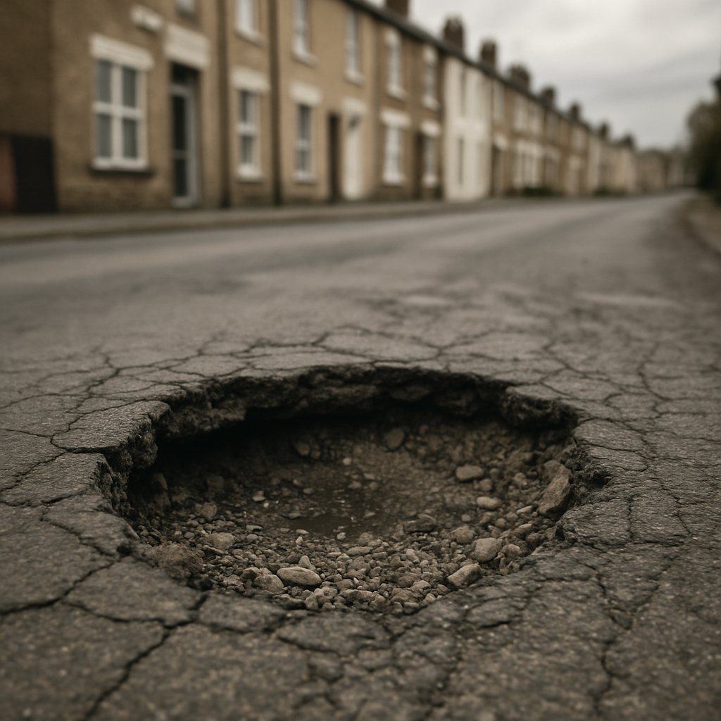 A deep pothole on a UK residential street highlighting the need for local infrastructure projects in 2026