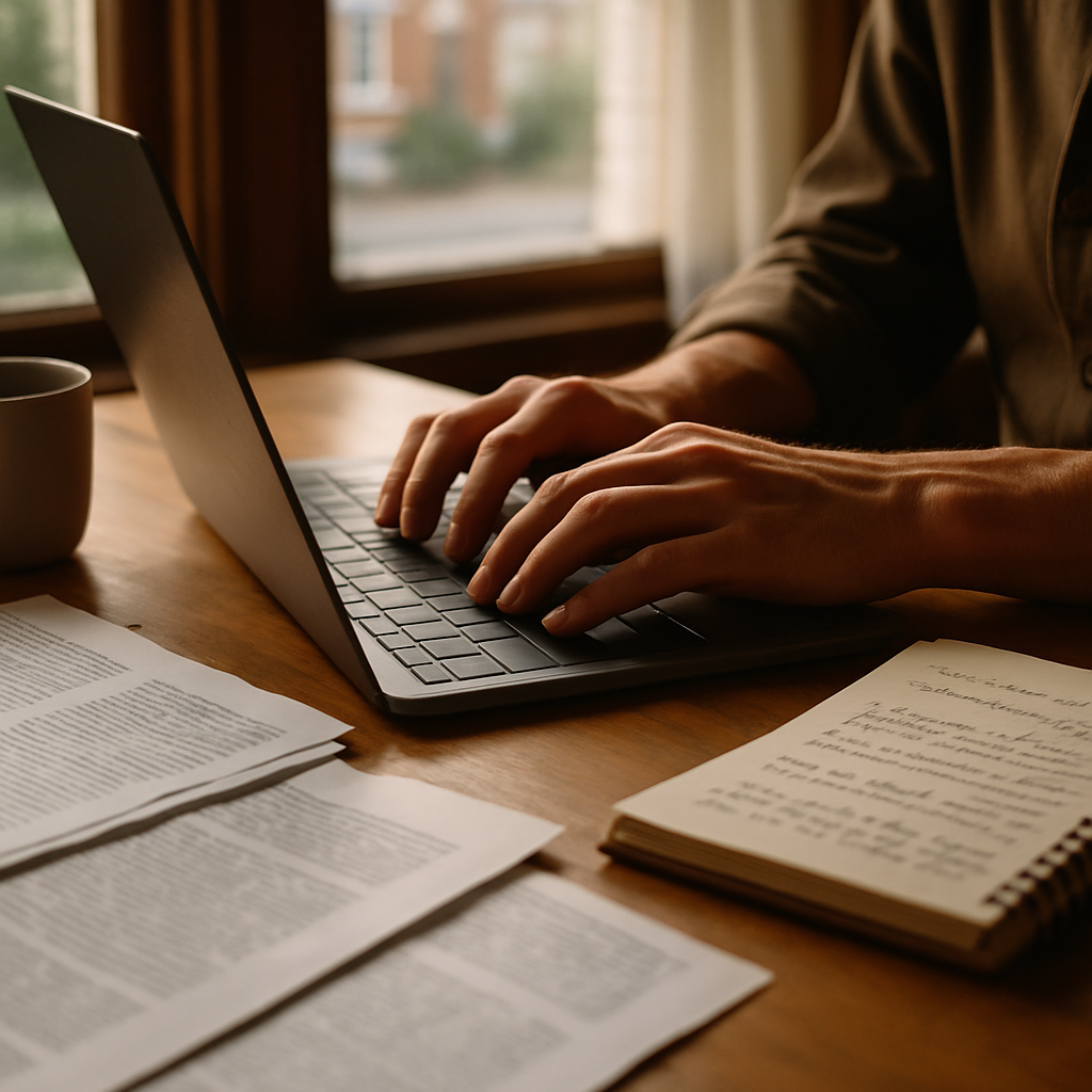 A journalist working on a hyperlocal news UK story at a desk, with handwritten notes and interview research visible