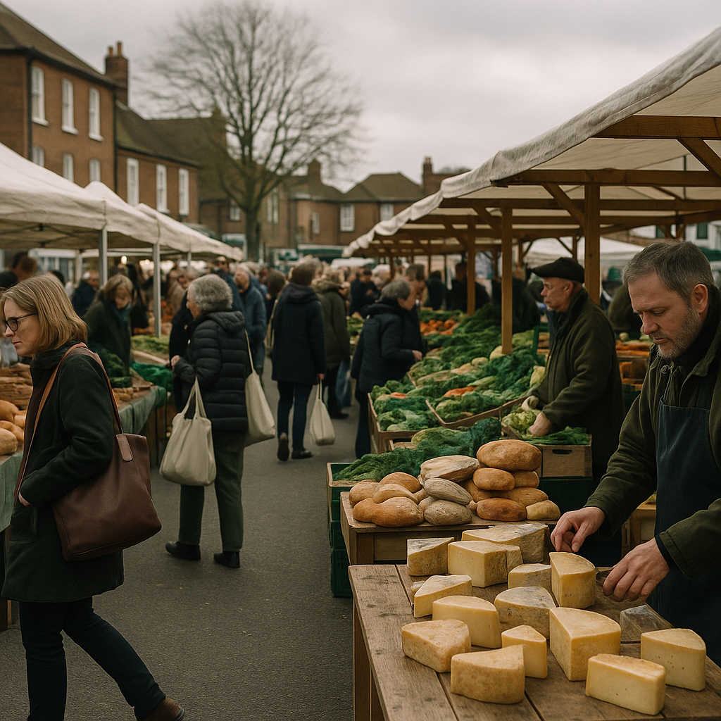Busy farmers market in a UK town centre, typical of local community events news coverage