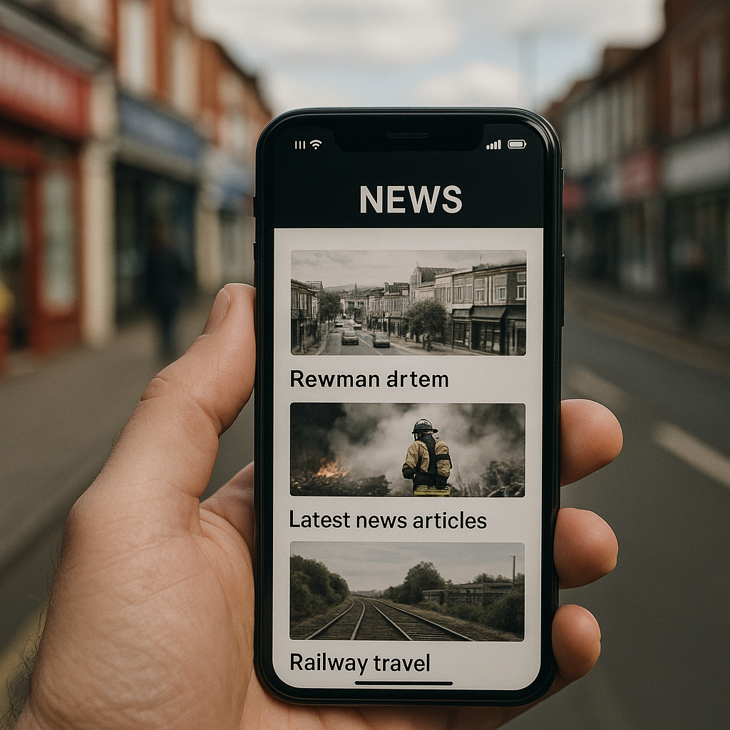 Close-up of a smartphone showing best local news apps UK content with British high street in background