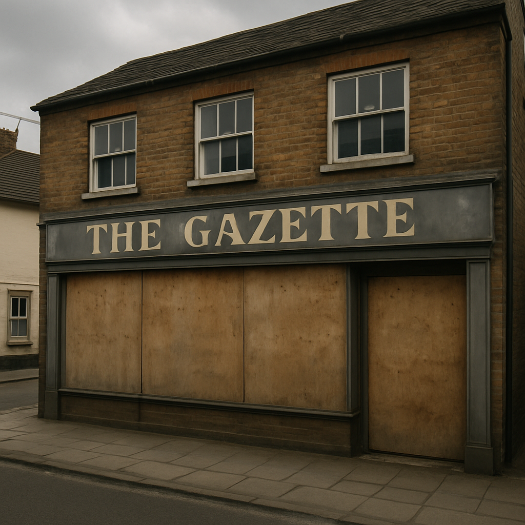 Closed local newspaper office on a British high street, illustrating the local news desert UK crisis