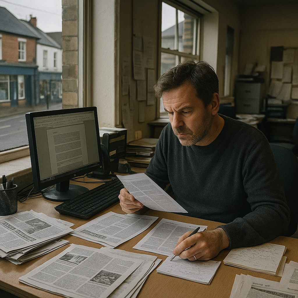 Independent journalist reviewing copy in a community journalism UK newsroom overlooking a British high street