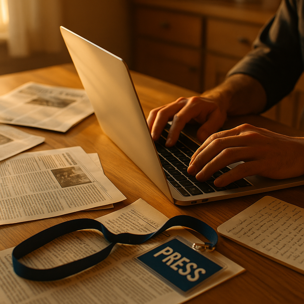 Journalist working on a hyperlocal journalism UK story surrounded by community newsletters and notes