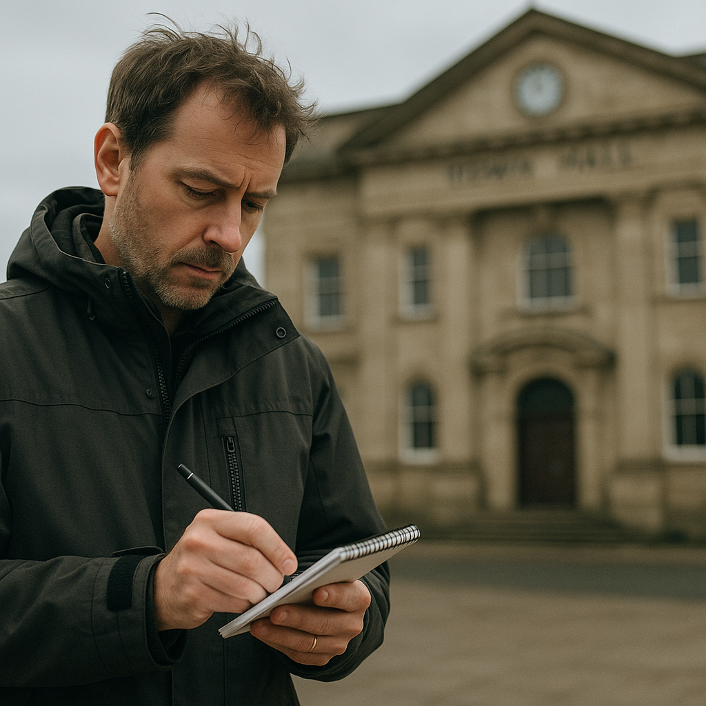 Local journalist outside a UK town hall illustrating the benefits of local news reporting