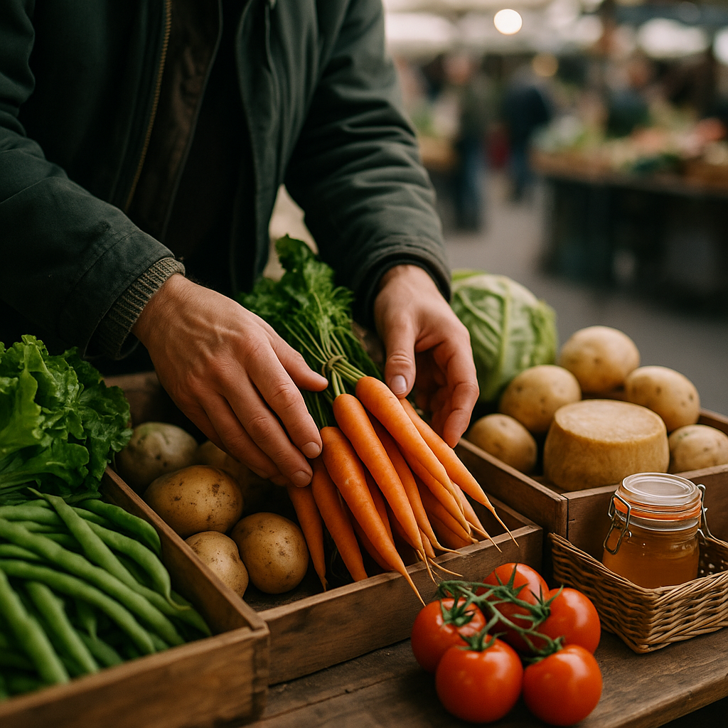 Market trader arranging local produce at a community event, typical of local community events UK