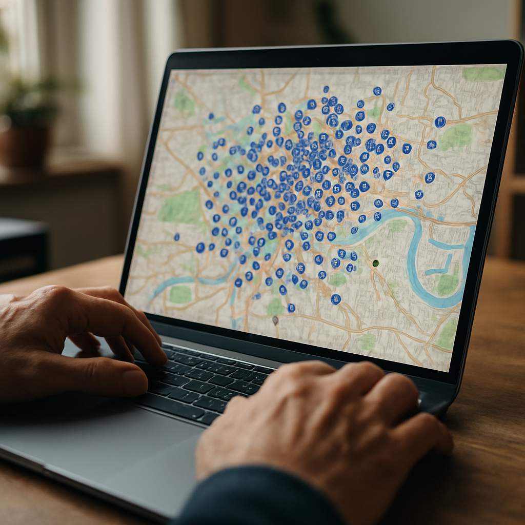 Person reviewing local crime statistics UK data on a laptop with a neighbourhood crime map on screen