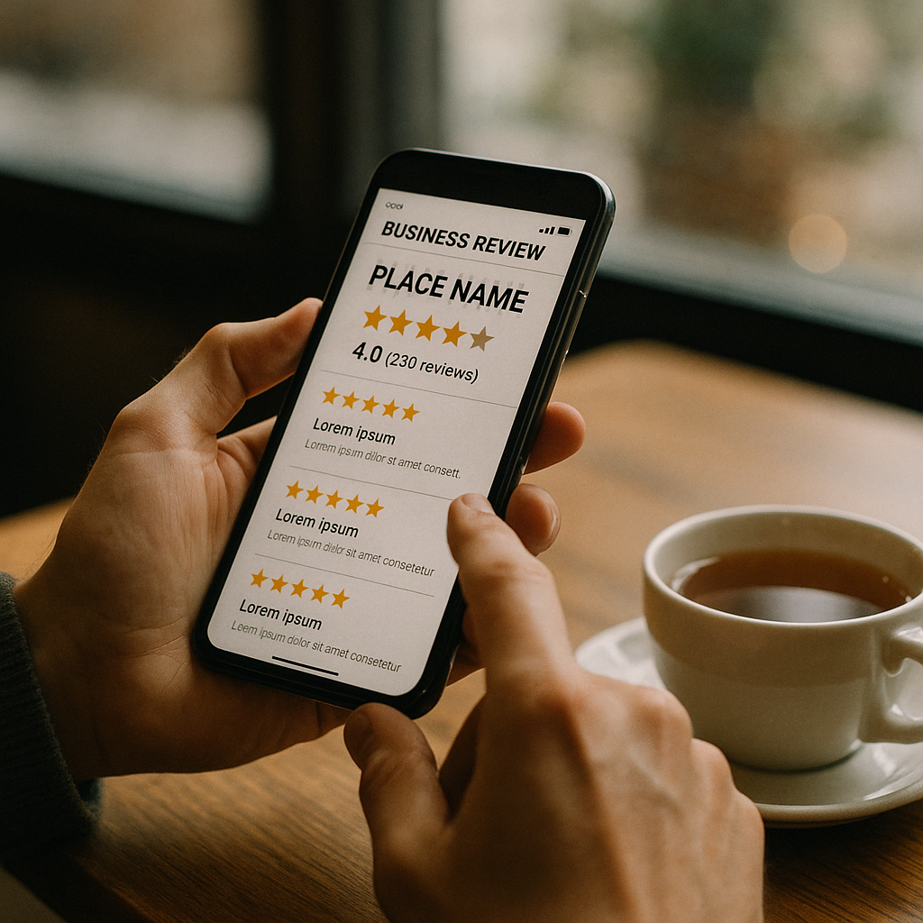 Person using a mobile phone to find local businesses near me through online reviews