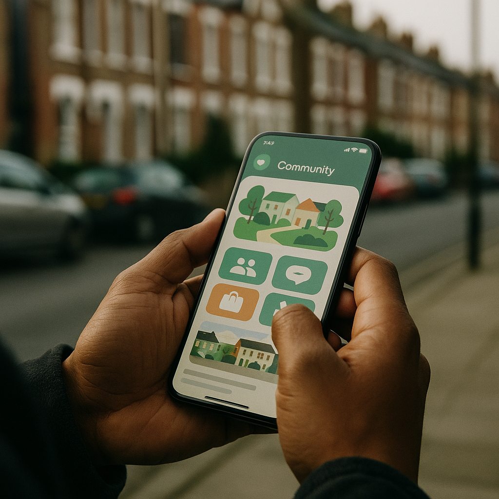 Person using a neighbourhood app on a mobile phone to find hyperlocal news updates