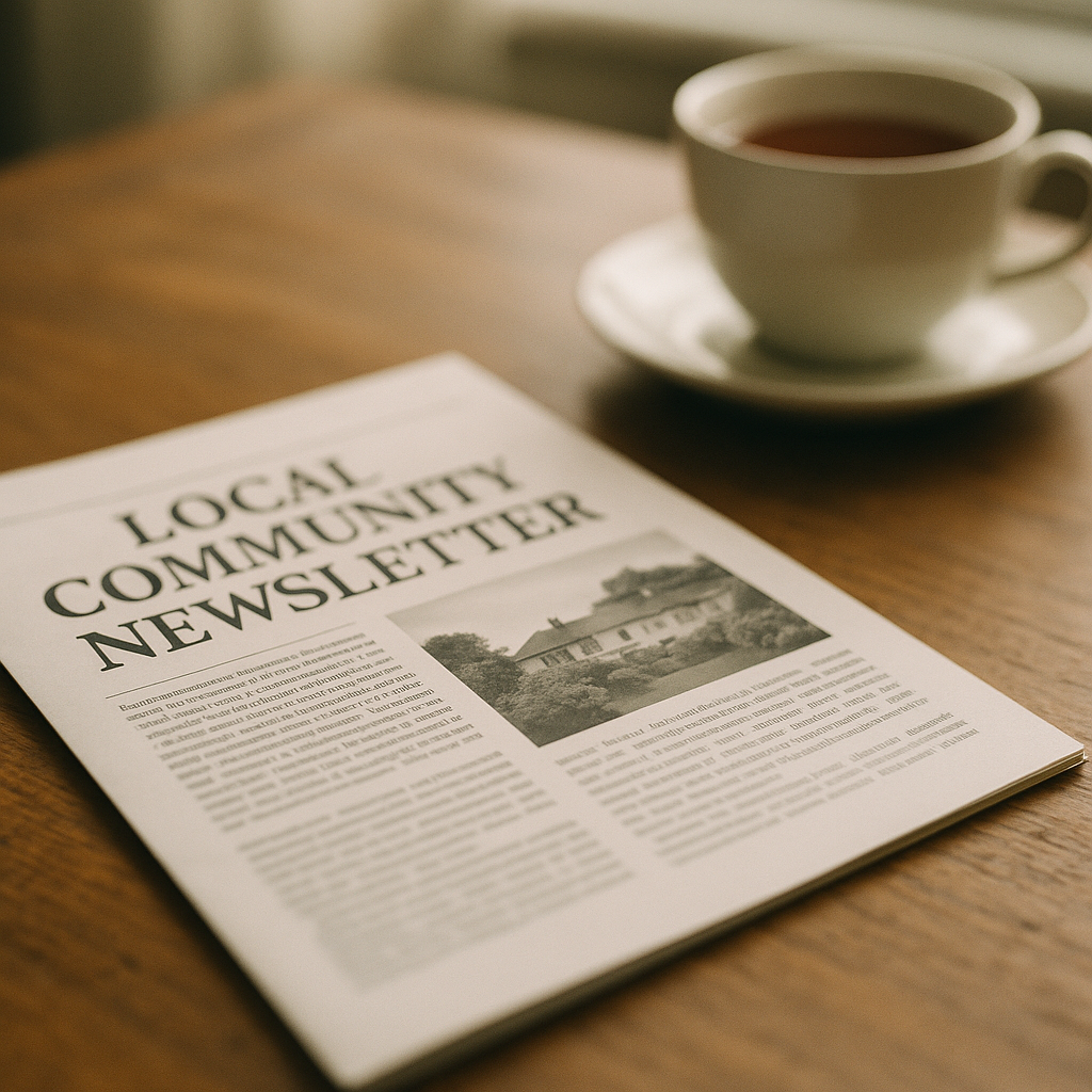 Printed community journalism UK newsletter on a table beside a cup of tea in a British home