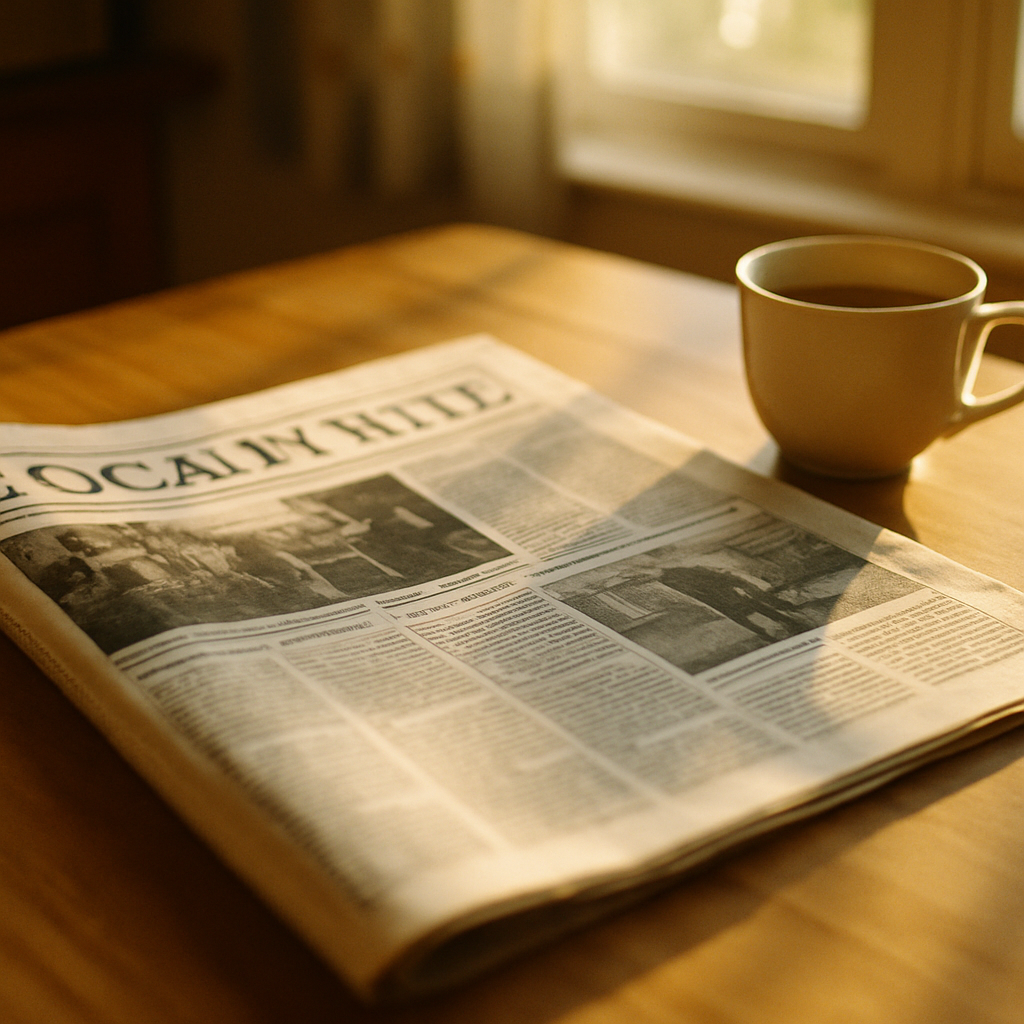 Printed local newspaper on a kitchen table showing everyday benefits of local news