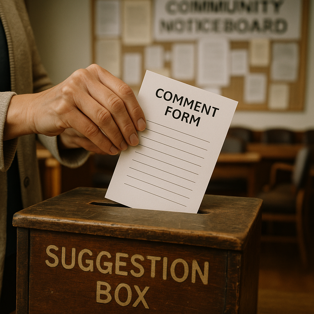 Resident submitting feedback at a council noticeboard as part of how to get involved in local community decisions