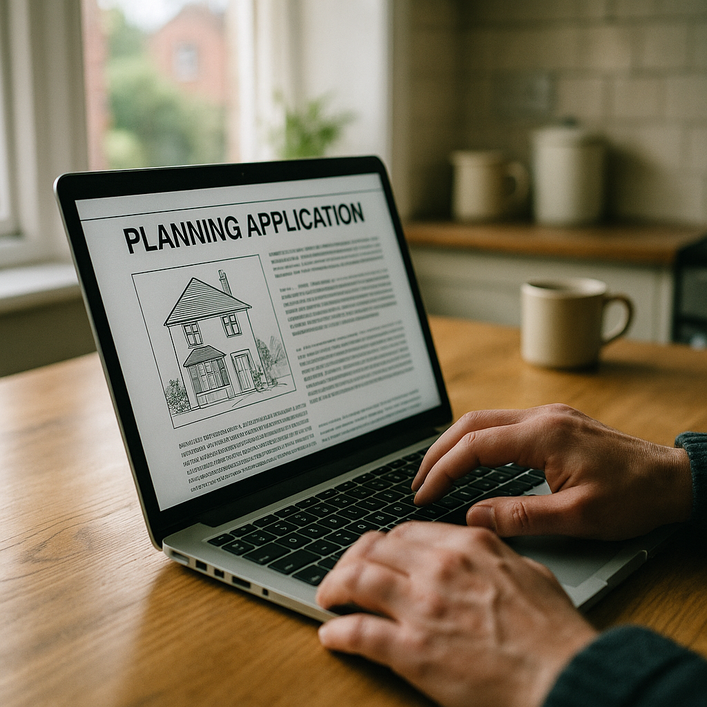 UK resident using a laptop to track local council decisions and planning applications online