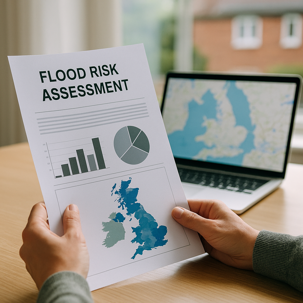 Homeowner reviewing a flood risk check property UK report at a desk