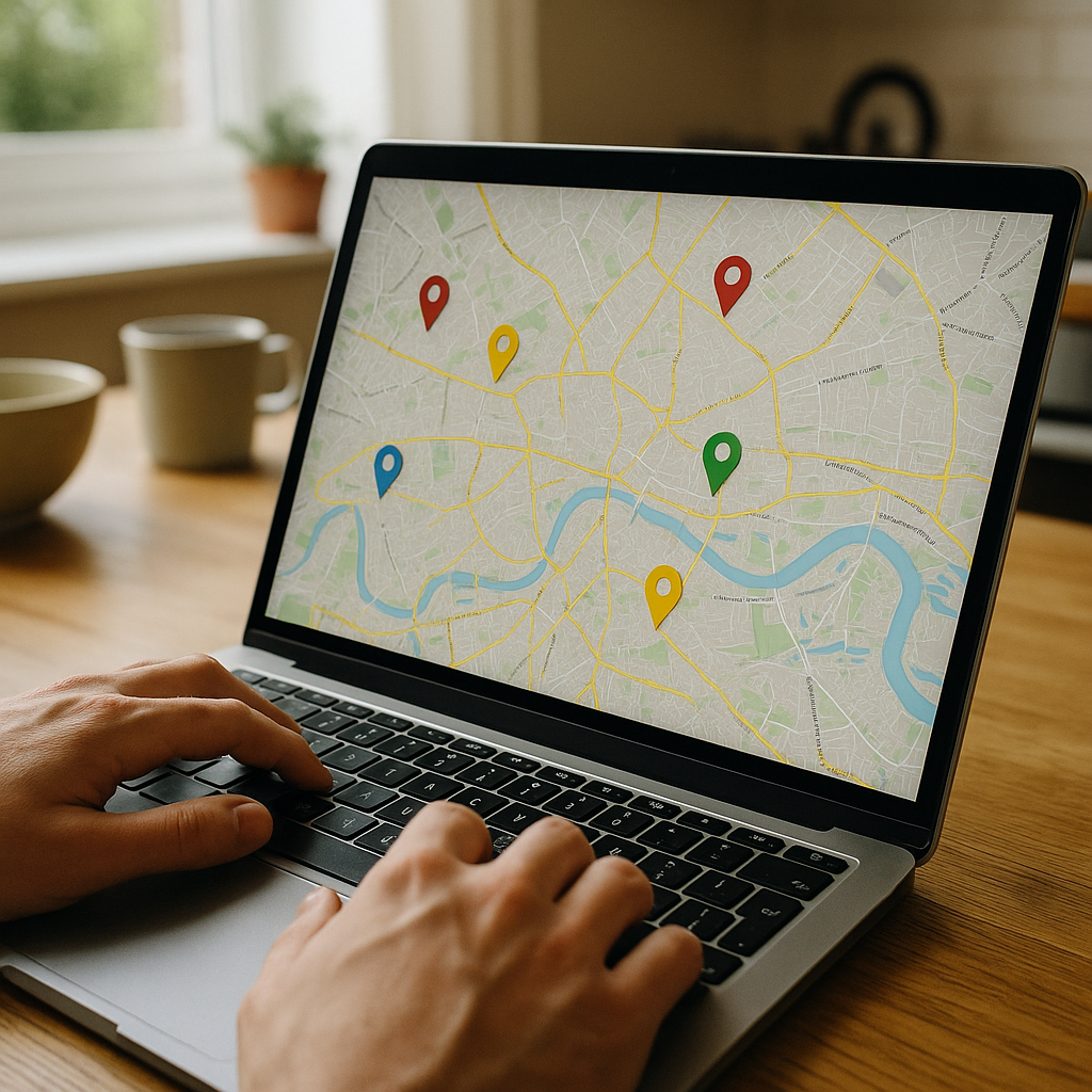 Person checking local crime statistics UK neighbourhood data on a laptop showing Police.uk crime map