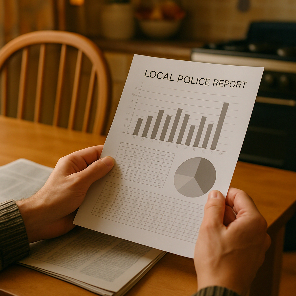Person reviewing printed local crime statistics and police report at home